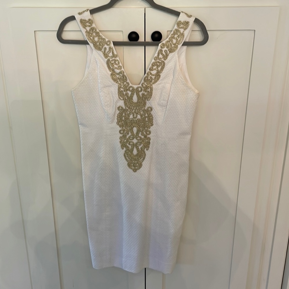 This is a white pique Lilly Pulitzer dress.